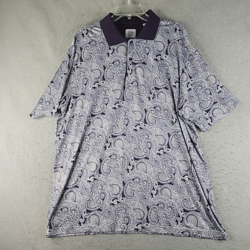 Kilburne Finch Polo Shirt Mens 2XL Purple Paisley Stretch Short Sleeve Jersey